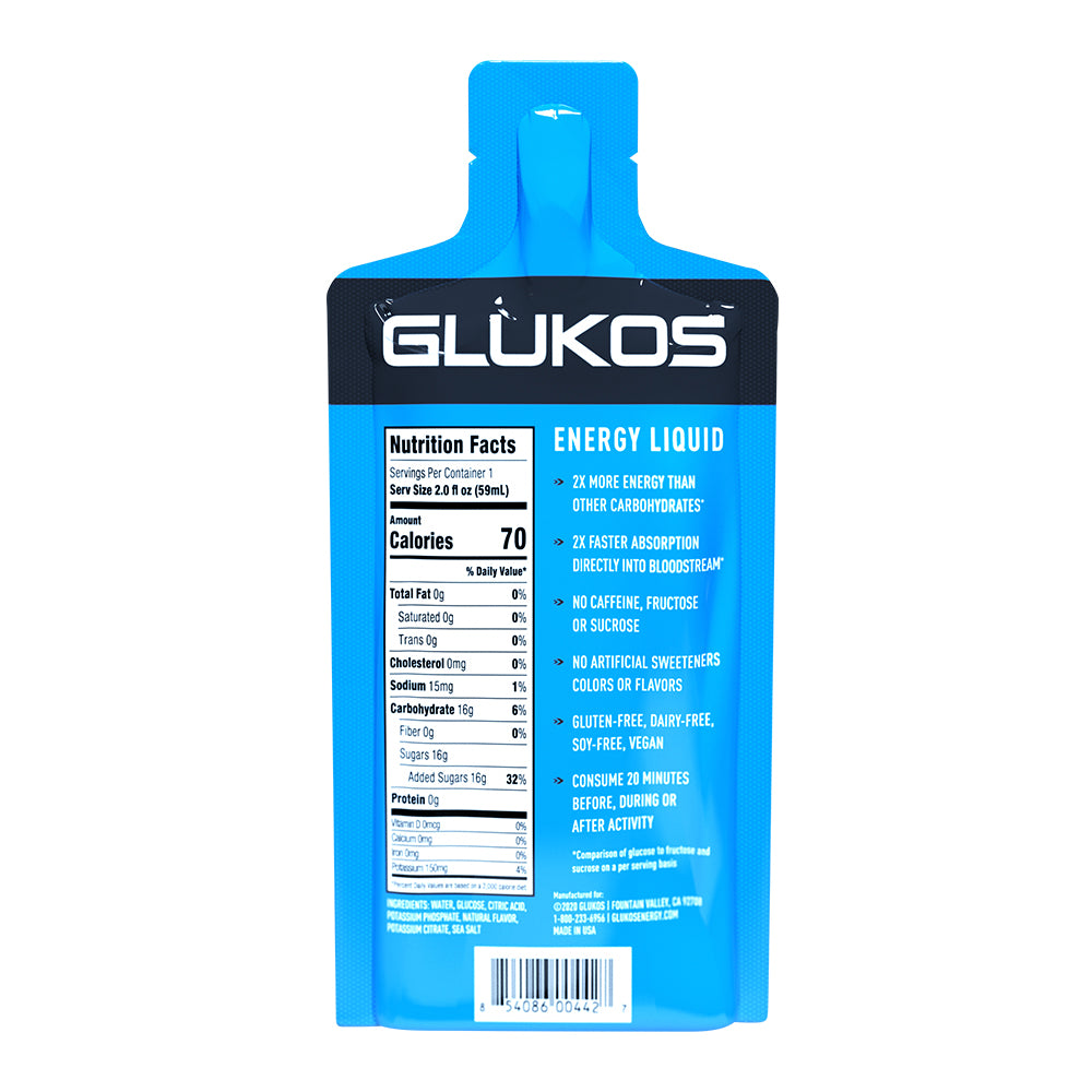 Glukos Orange Energy Gel Pack - Single Serving - Back View with Nutrition Facts and Ingredients
