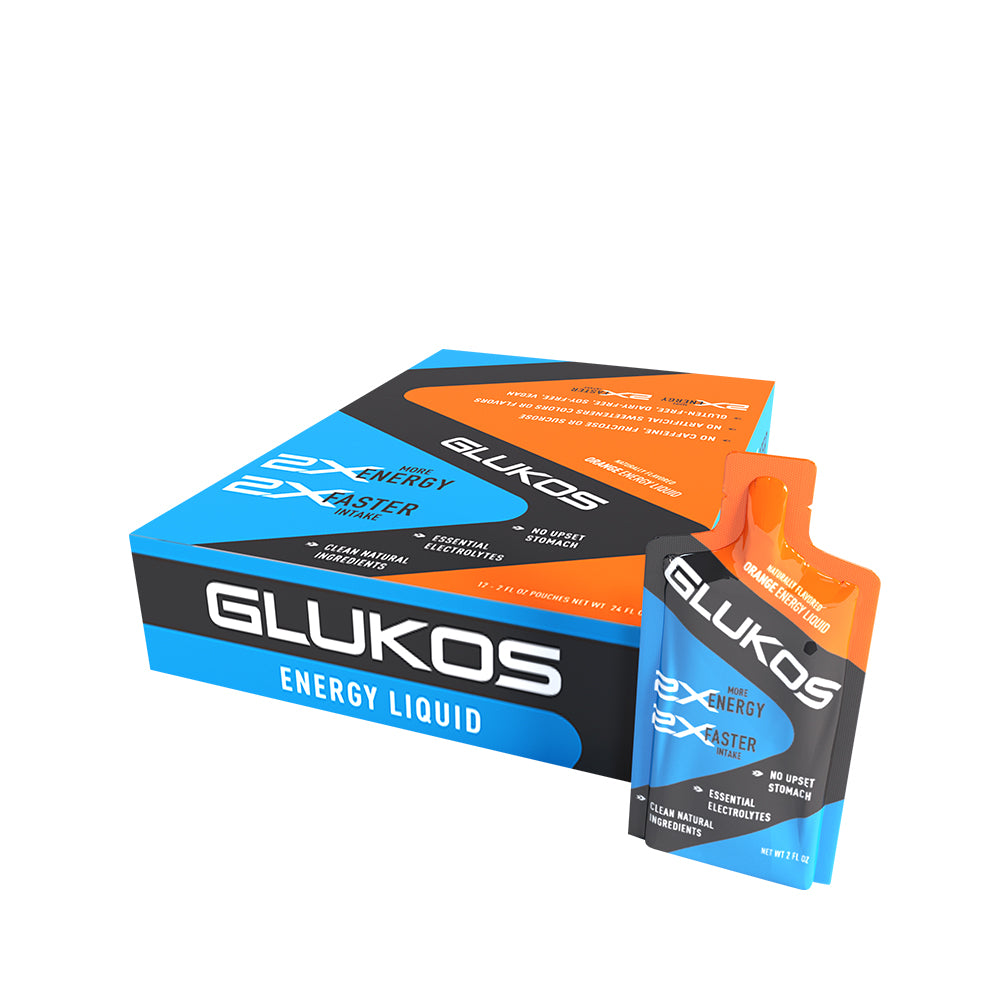 Glukos Orange Energy Gel Pack - 12 Pack Box and Single Serving View