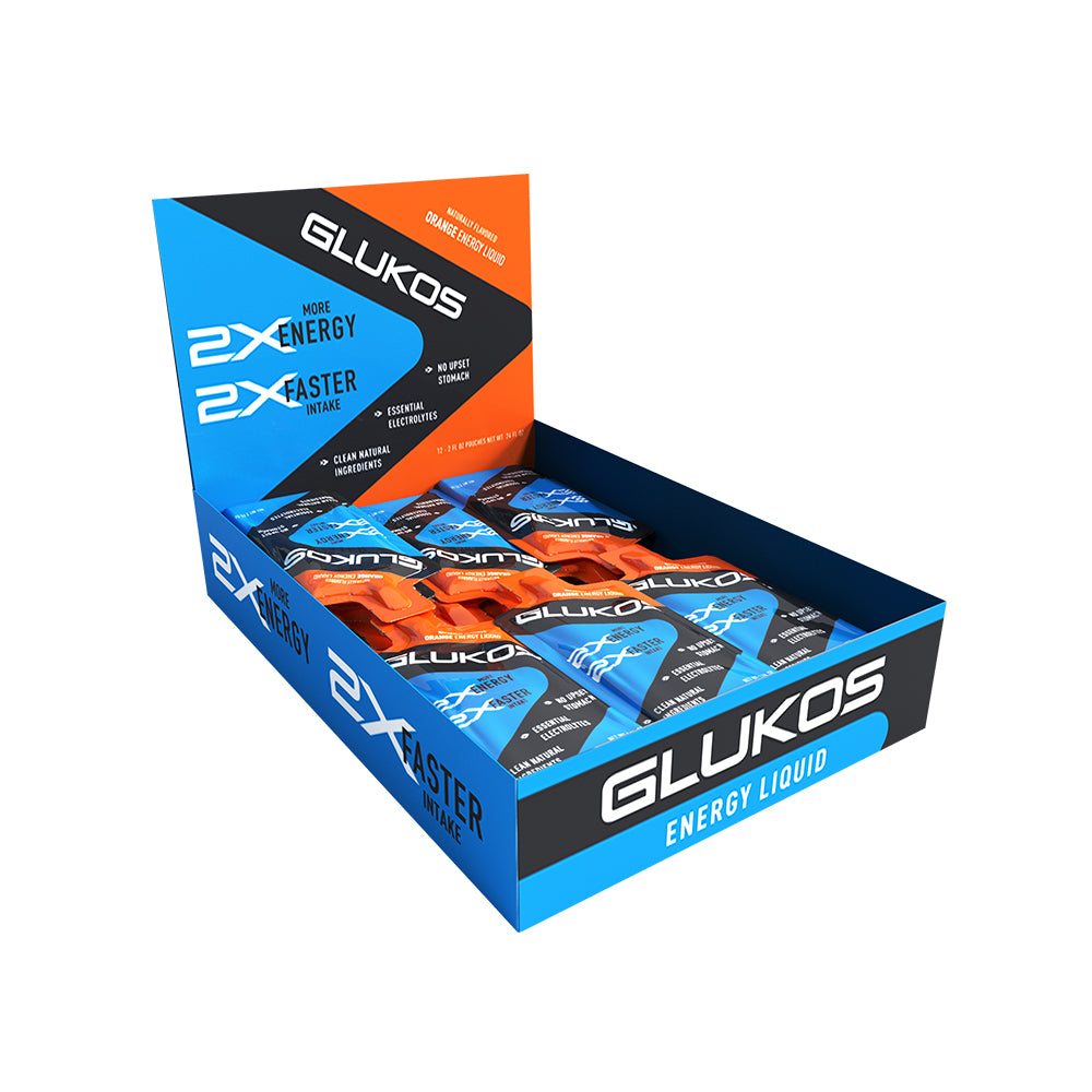 Glukos Orange Energy Gel Packs - Open Display 12 Pack Box