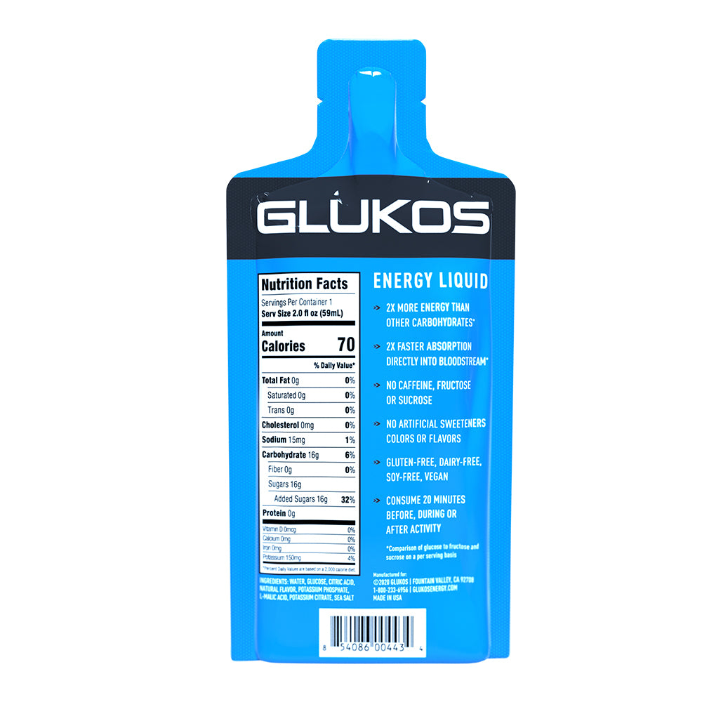 Glukos Fruit Punch Energy Gel Pack - Single Serving - Back View with Nutrition Facts and Ingredients