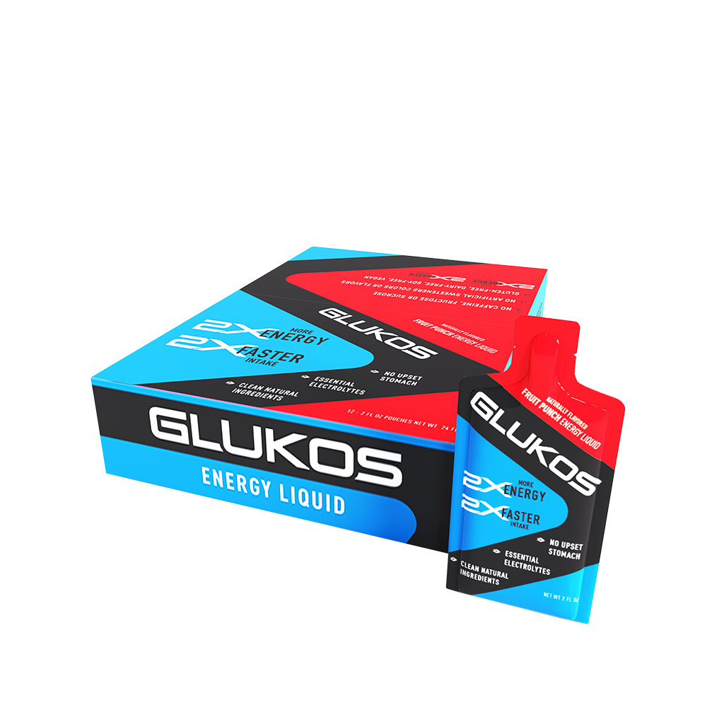 Glukos Fruit Punch Energy Gel Pack - 12 Pack Box and Single Serving View