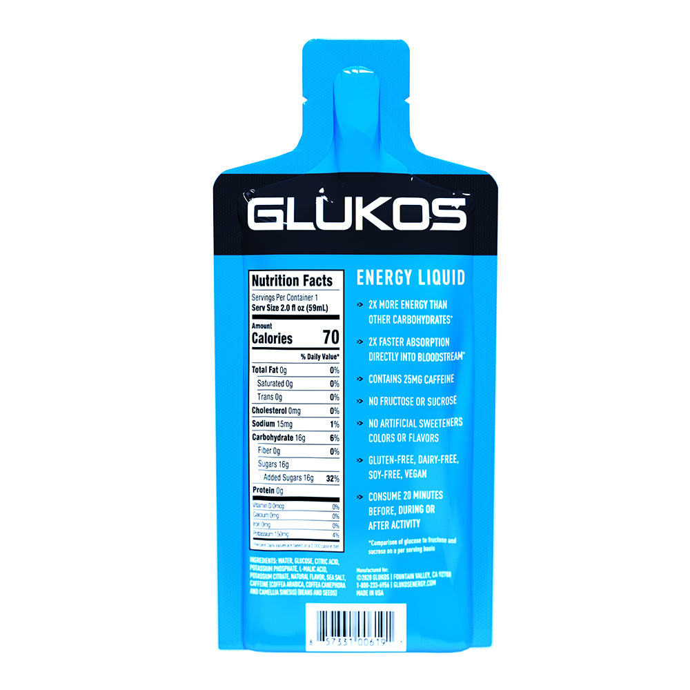 Glukos Lemon-Lime Energy Gel Pack - Single Serving - Back View with Nutrition Facts and Ingredients