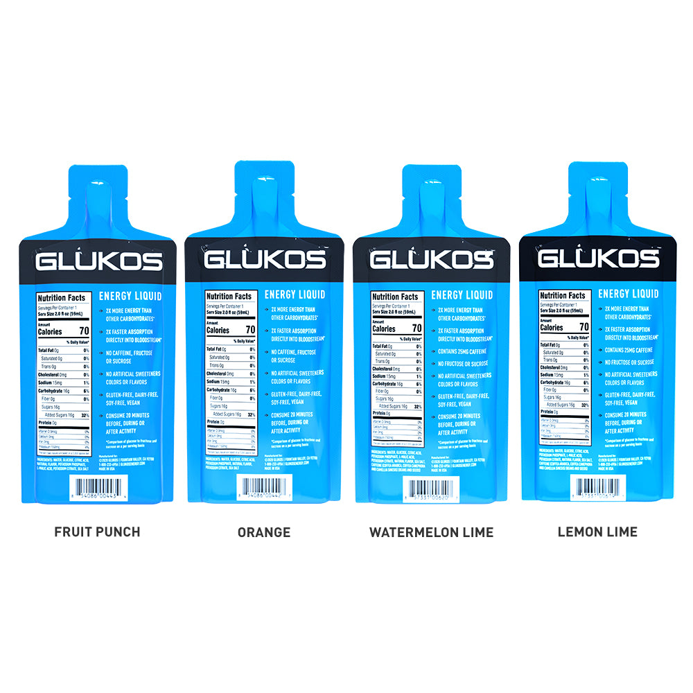 Glukos Energy Liquid Gel Variety Pack (12-Pack) - Liquid Gel Packs - All 4 Flavors - Fruit Punch, Orange, Watermelon-Lime, Lemon-Lime - Nutrition Facts