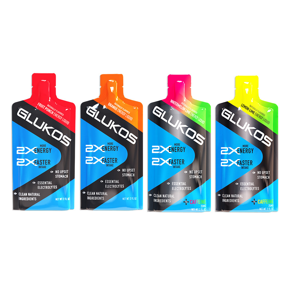 Glukos Energy Liquid Gel Variety Pack (12-Pack) - Liquid Gel Packs - All 4 Flavors - Fruit Punch, Orange, Watermelon-Lime, Lemon-Lime